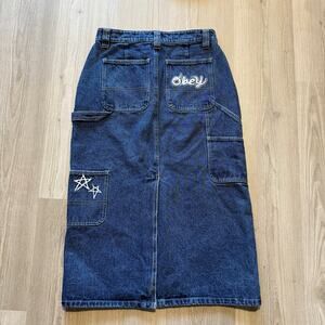 Women's Obey Juniper Embroidered Denim Blue Jean Long Skate Skirt Sz 26 x 30